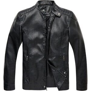 Men's Black Faux Leather Stand Collar Zipper Classic Slim Fit Biker Jacket
